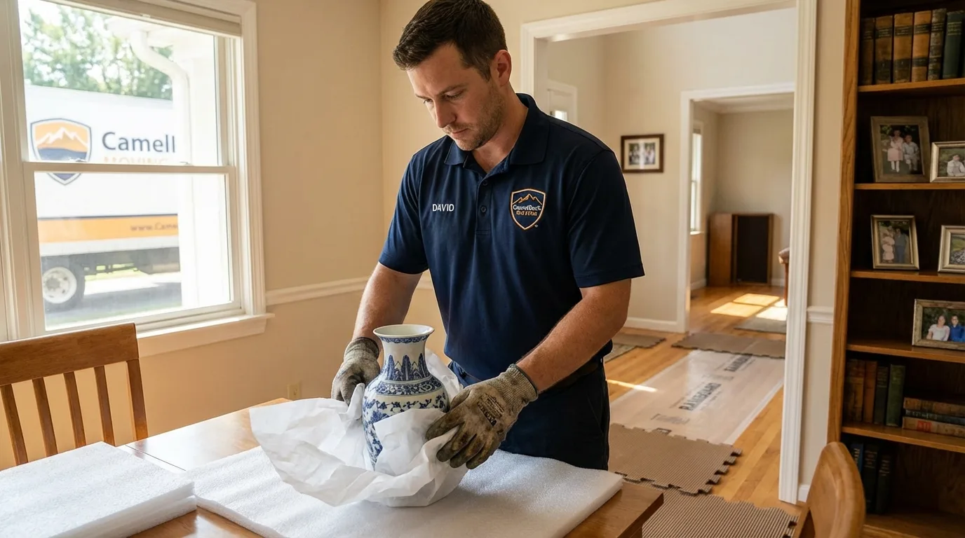 Professional crew carefully wrapping antique vase for senior downsizing move in Gibsonia, PA